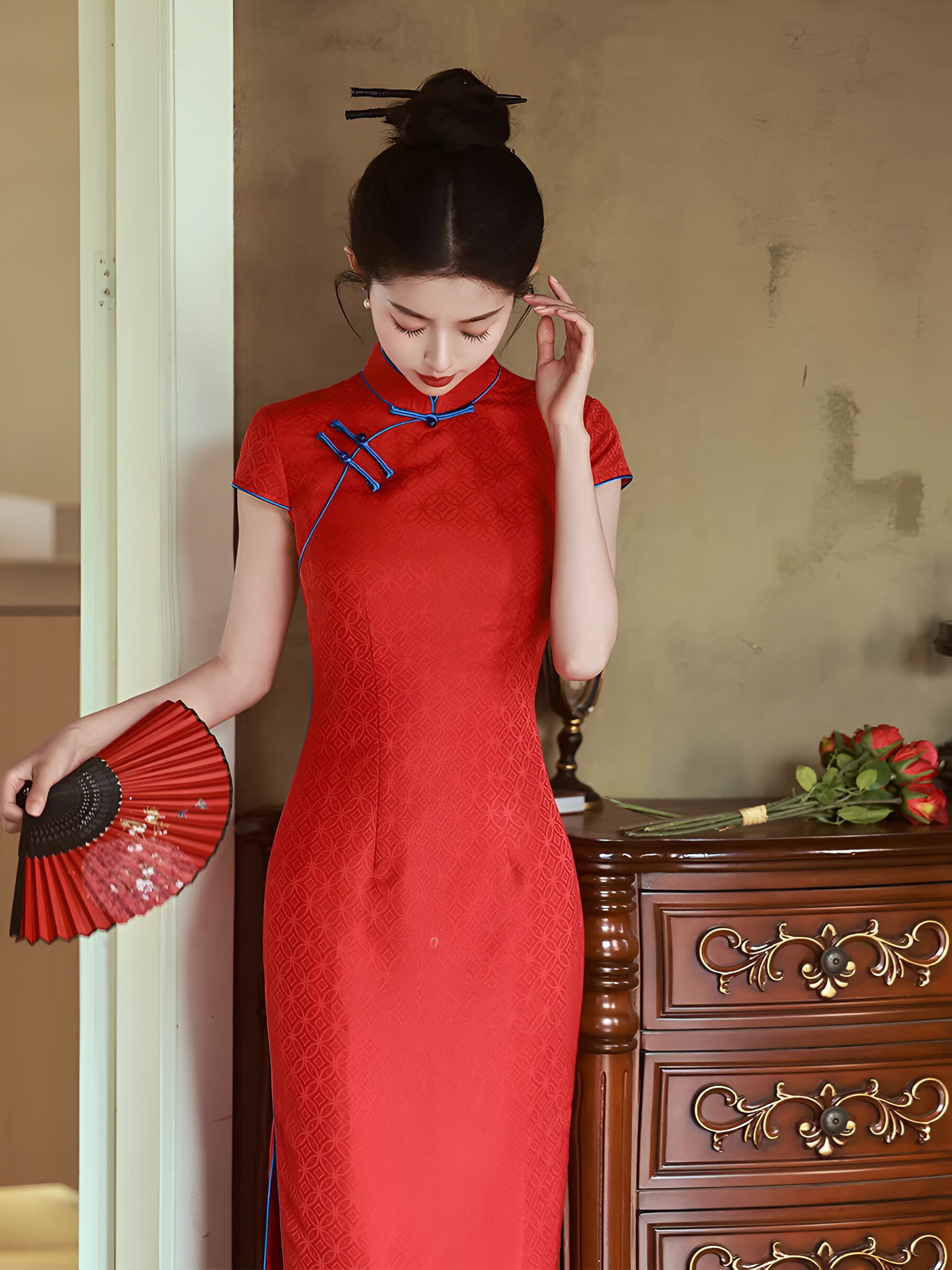 Red Vintage Jacquard Cheongsam Qipao Dress - IMALLURE L Red Vintage Jacquard Cheongsam Qipao Dress - IMALLURE L