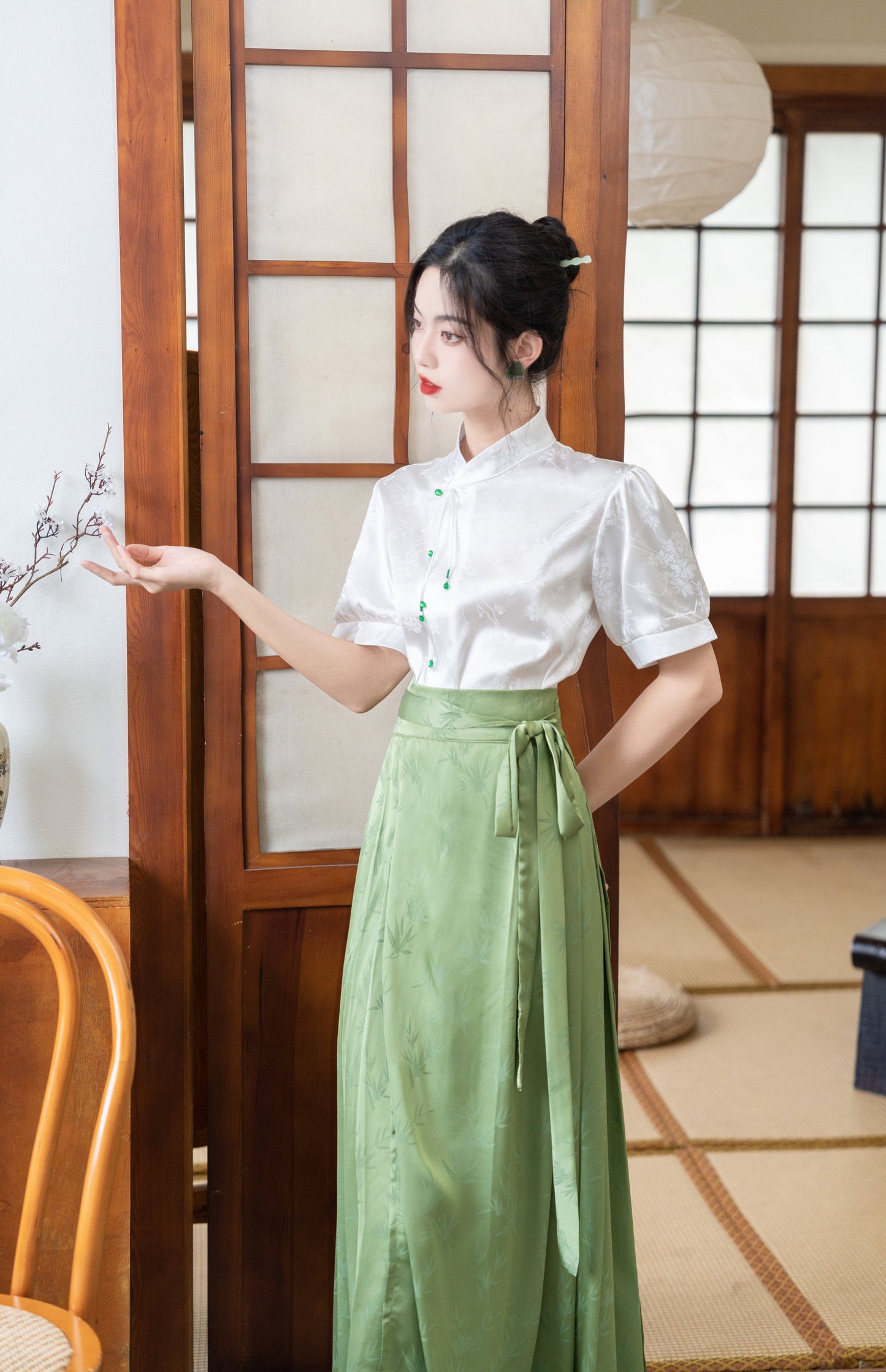 优亿家 女装 【翠庭芜】汉元素提花缎面短袖上衣马面裙春夏汉服女