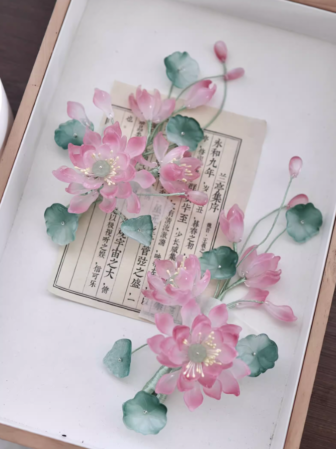 【菡萏】琉璃簪花软杆仙气发夹