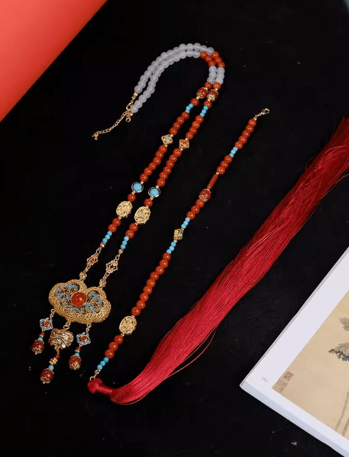 雪衣阁 SheyGo 配饰 璎珞+背云 【岁华】红玛瑙仿点翠长璎珞流苏背云汉服项链