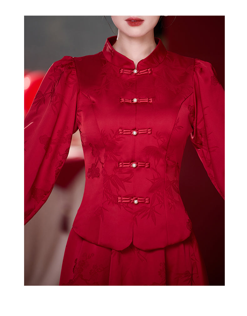 【紅薇凝香】新中式提花重工釘珠盤扣上衣淑女半身裙春秋訂婚敬酒服漢服女