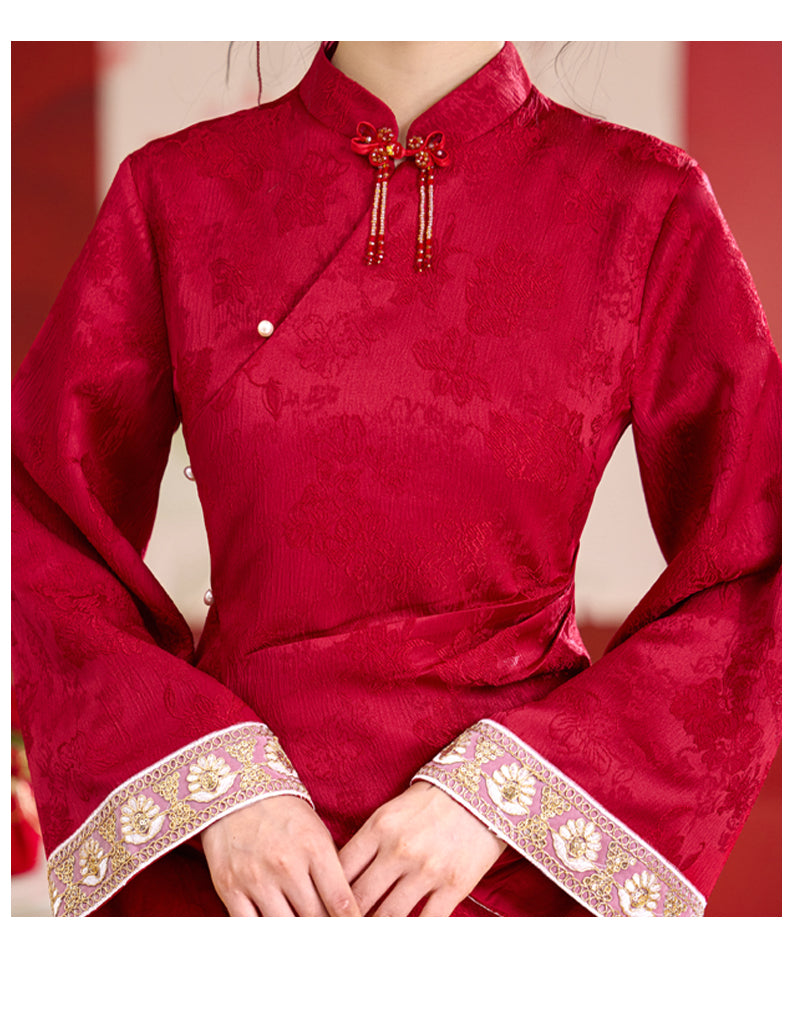 【紅薇凝香】新中式提花重工釘珠盤扣上衣淑女半身裙春秋訂婚敬酒服漢服女