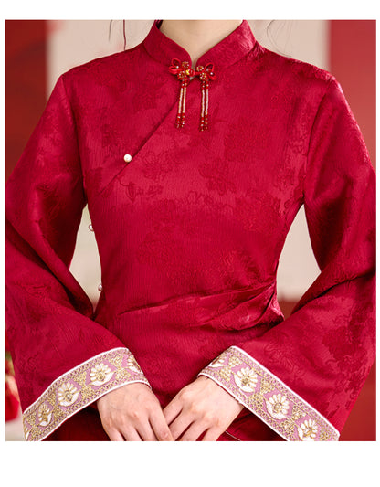 【紅薇凝香】新中式提花重工釘珠盤扣上衣淑女半身裙春秋訂婚敬酒服漢服女