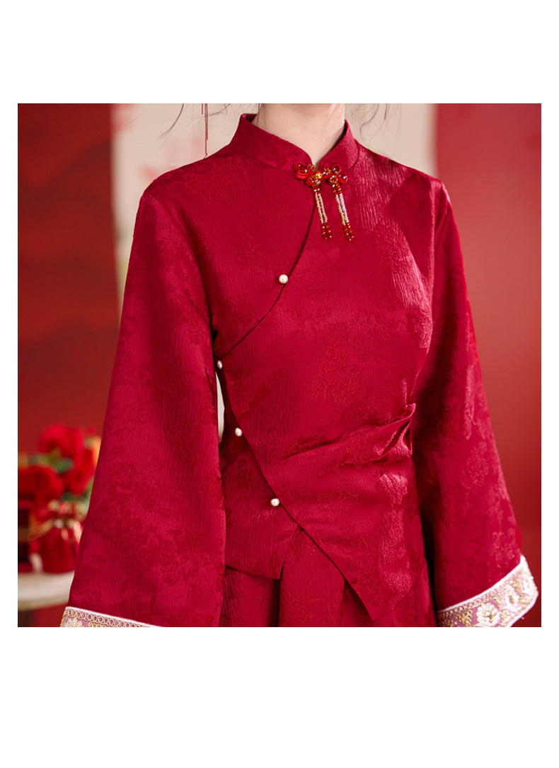 【紅薇凝香】新中式提花重工釘珠盤扣上衣淑女半身裙春秋訂婚敬酒服漢服女