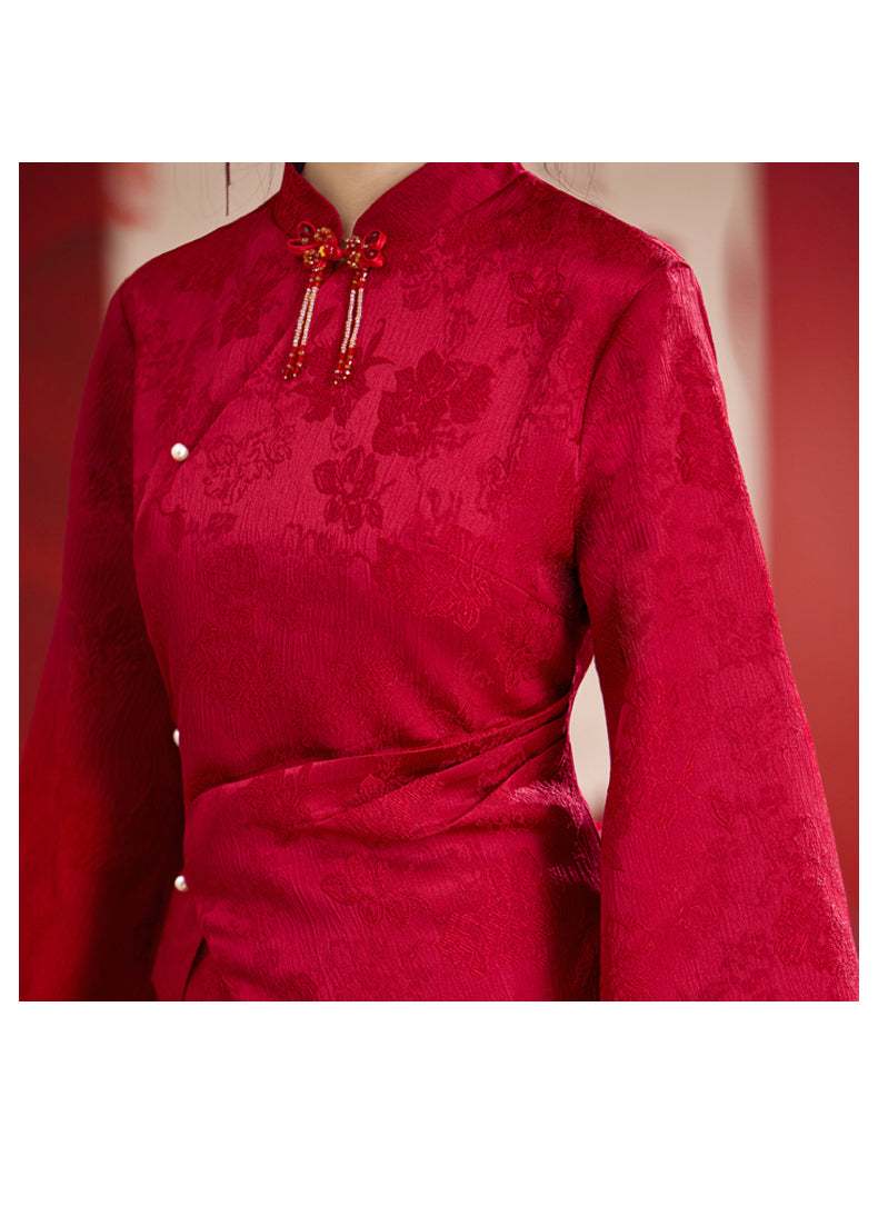 【紅薇凝香】新中式提花重工釘珠盤扣上衣淑女半身裙春秋訂婚敬酒服漢服女