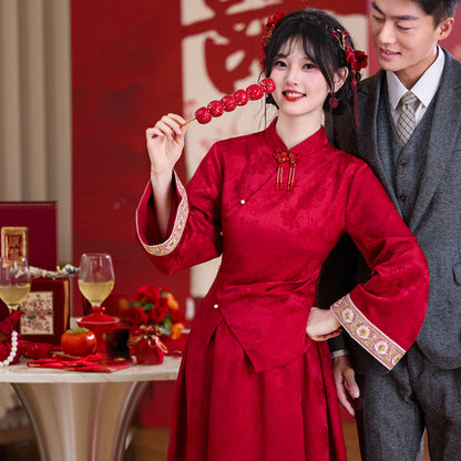 【紅薇凝香】新中式提花重工釘珠盤扣上衣淑女半身裙春秋訂婚敬酒服漢服女