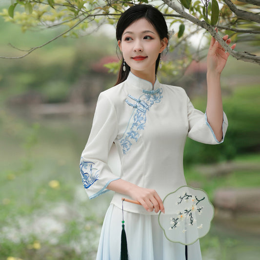 【清荷月】汉元素刺绣斜襟七分袖上衣上衣春夏汉服女
