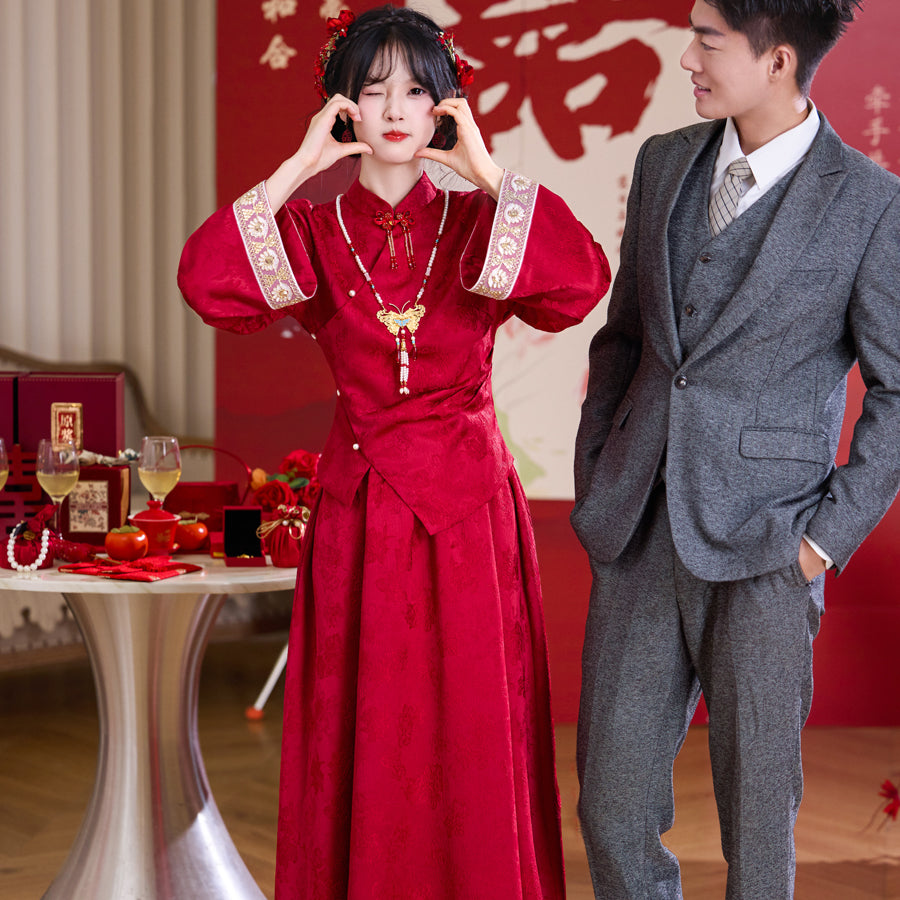 【紅薇凝香】新中式提花重工釘珠盤扣上衣淑女半身裙春秋訂婚敬酒服漢服女