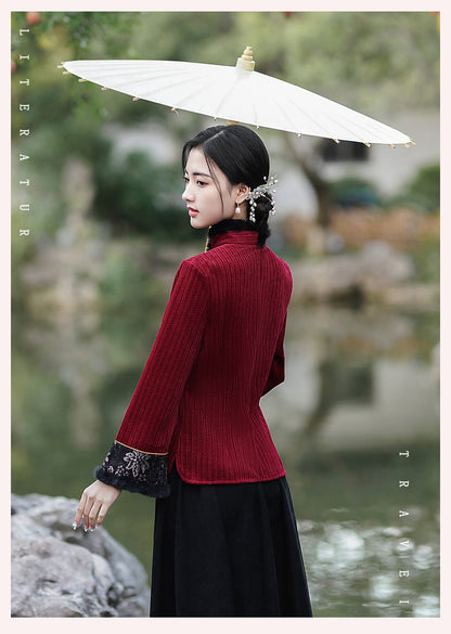 【青鸞羽映】漢元素刺繡立領七分袖上衣春夏漢服女