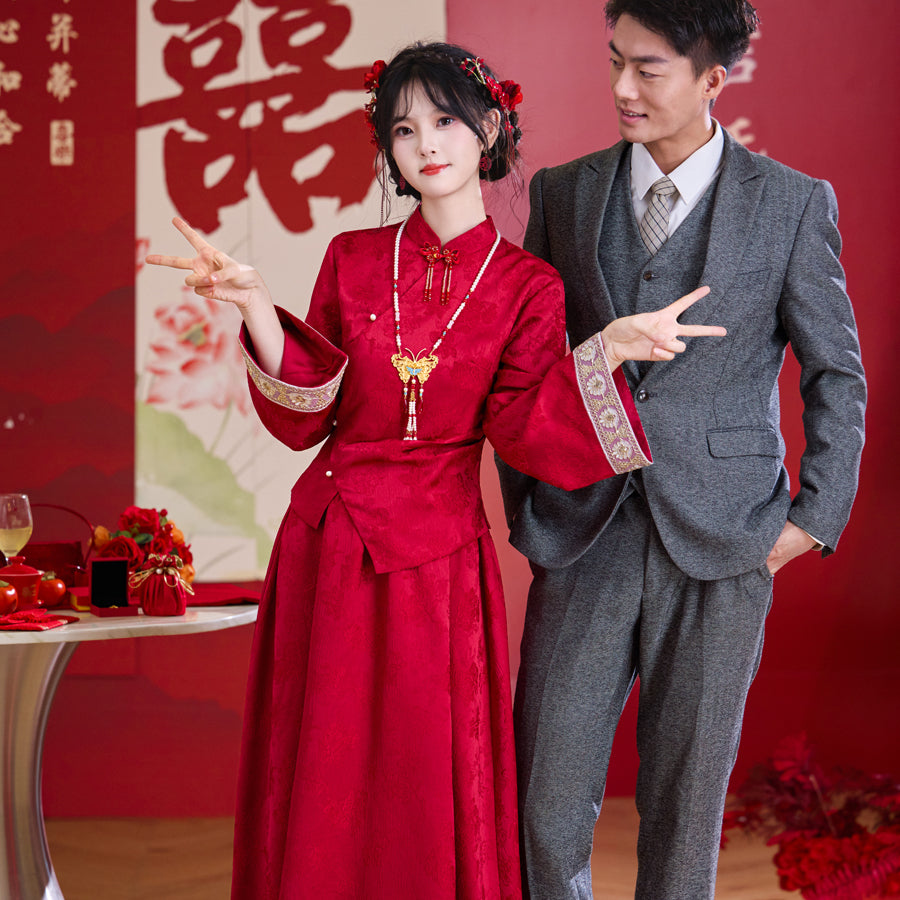 【紅薇凝香】新中式提花重工釘珠盤扣上衣淑女半身裙春秋訂婚敬酒服漢服女