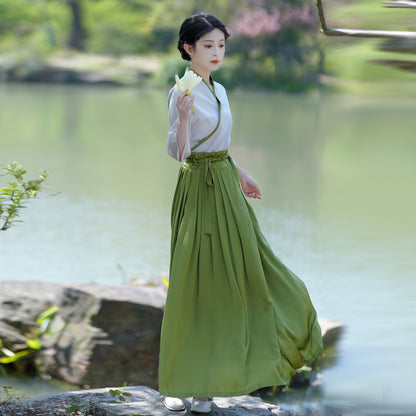 【青衫映柳】新中式緞面上衣改良馬面裙套裝春夏漢服女