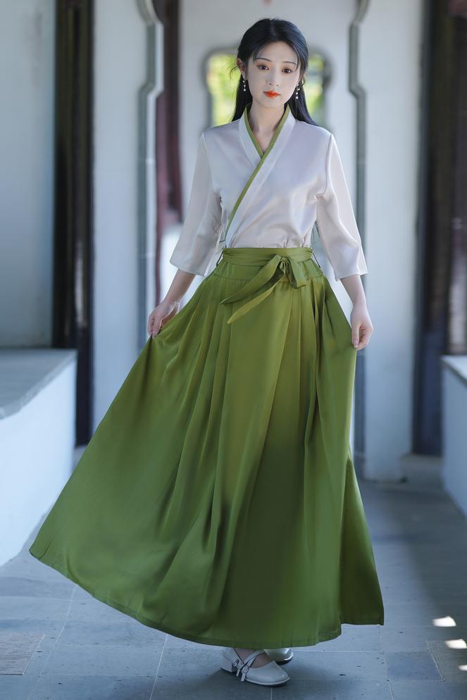 【青衫映柳】新中式緞面上衣改良馬面裙套裝春夏漢服女